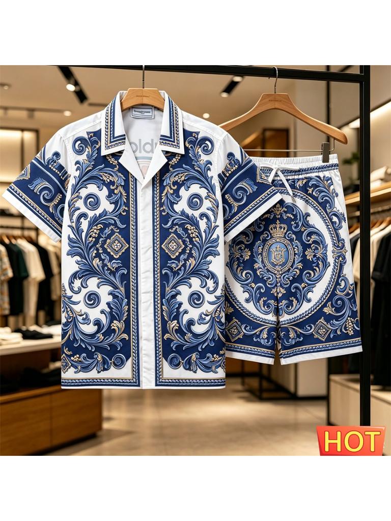 Sommer Retro Herren Hawaiianischer Urlaubshemd-Set Atmungsaktives Herren Freizeit Zweiteiliges Set