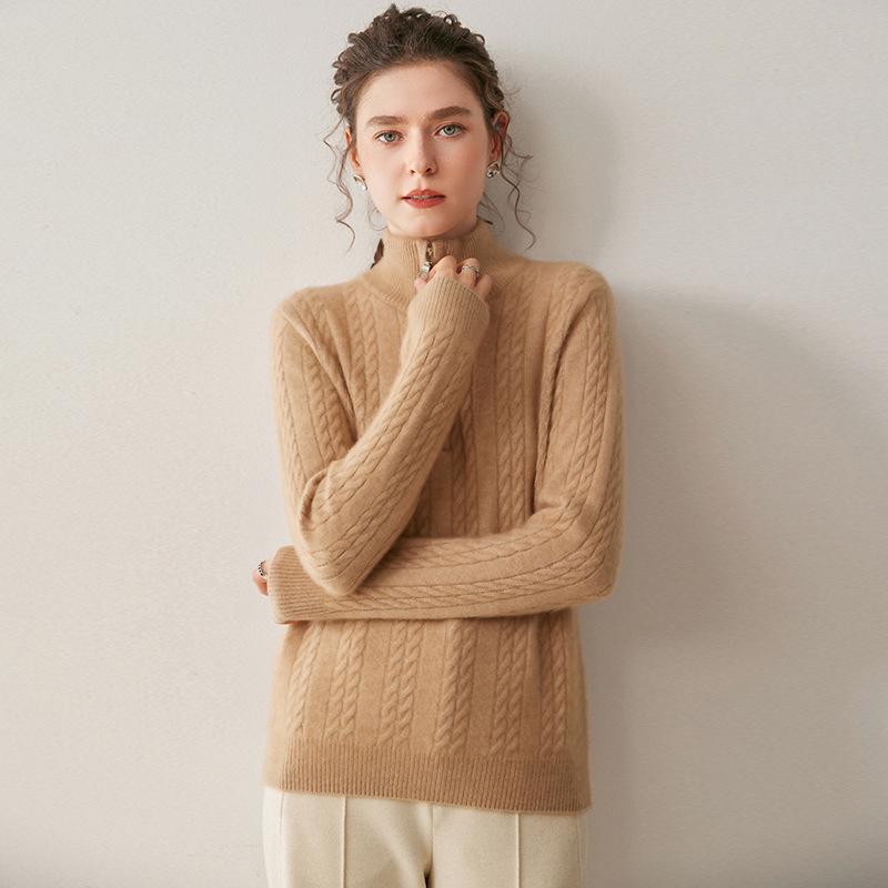 Women's Thickened Cashmere Stand Collar Sweater - Loose Fit, Zipper Lapel, Autumn/Winter 2024