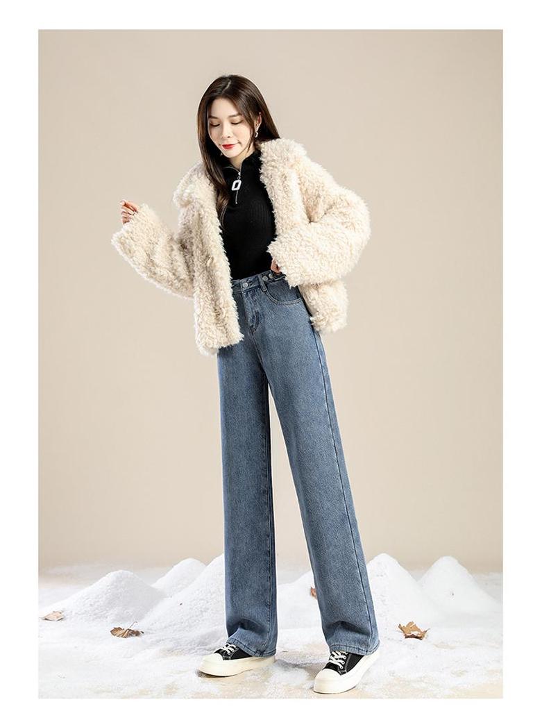 Women's High-Waisted Fleece-Lined Jeans: Thick, Light-Colored, Straight-Leg, Slimming Wide-Leg, Dark Blue for Autumn/Winter 2025.