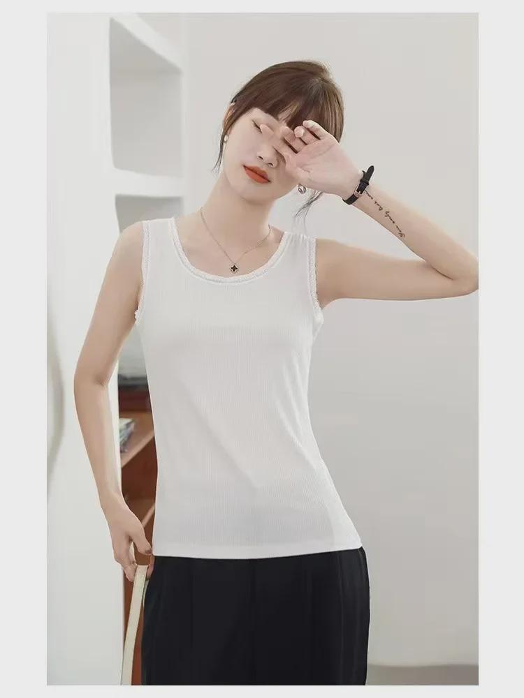 Damen Modal Geripptes Tanktop mit breiten Trägern und Spitzenbesatz - Frühling/Sommer Übergröße Lockere Passform