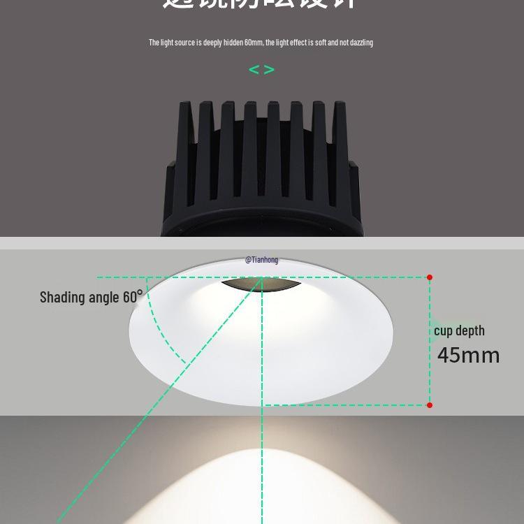 Frameless Anti-Glare Recessed Downlight with Three-Color Dimming