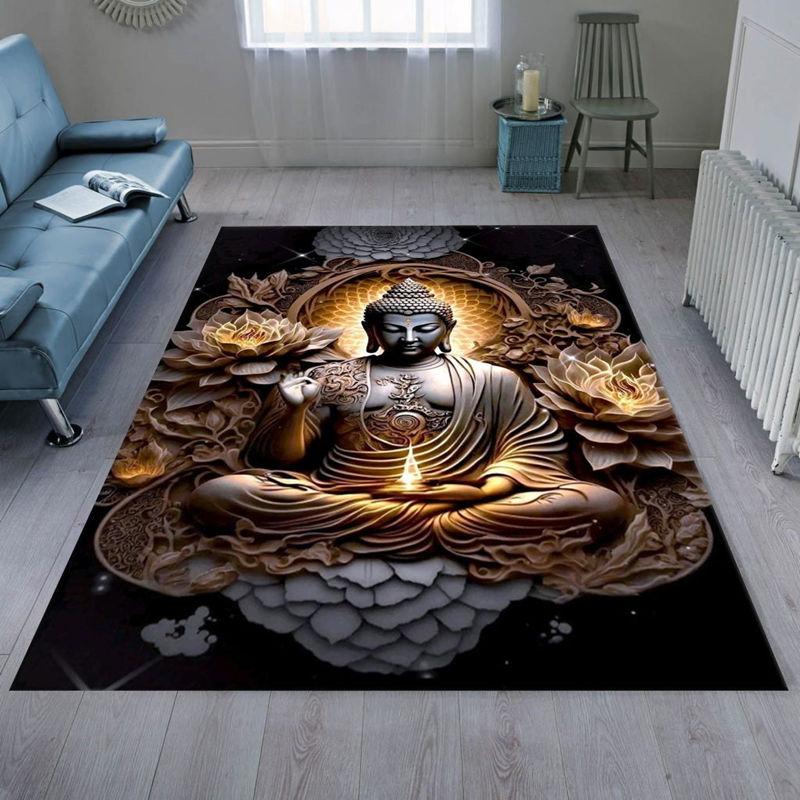 Buddha Teppich, Buddhismus Bereichsteppiche für Schlafzimmer Wohnzimmer Eingangsbereich, Buddha Statue Muster Meditation Bodenmatte Rutschfester Yoga Teppich