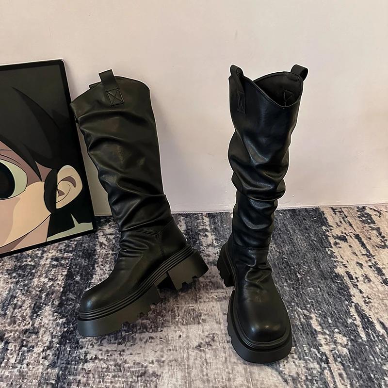 

Vintage Slip On Women Knee High Boots Fashion Platform Height Increase High Knight Booties Winter Shoes 39