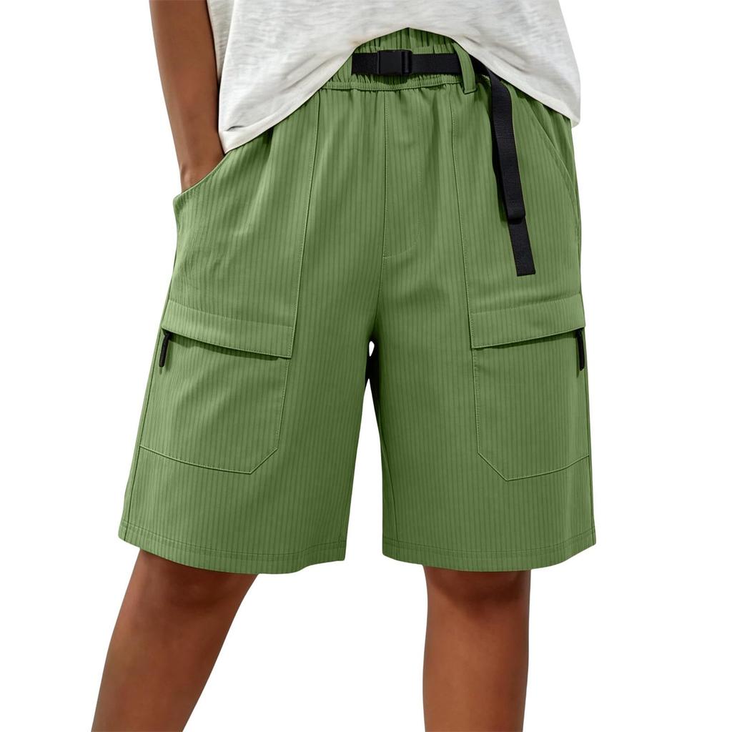 Women Loose Fit Straight Leg Multi Pocket Cargo Shorts with Belt High Waist Elastic Waistband Casual Style Trousers