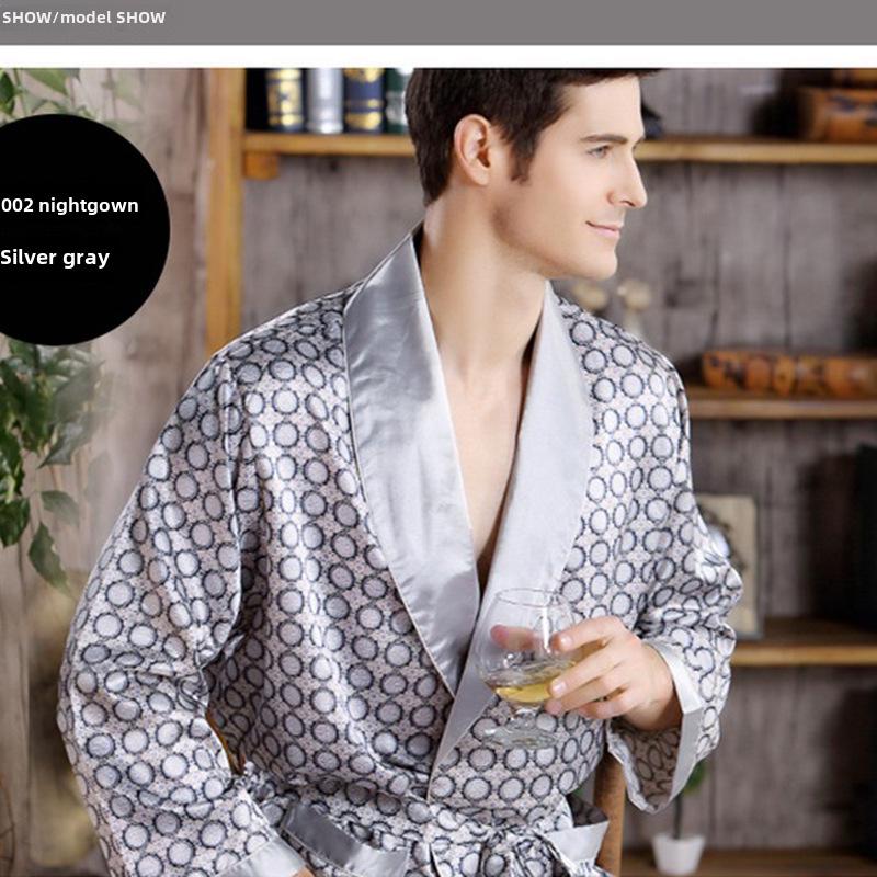 Men's Lightweight Long-Sleeve Silk Bathrobe and Pajamas Set