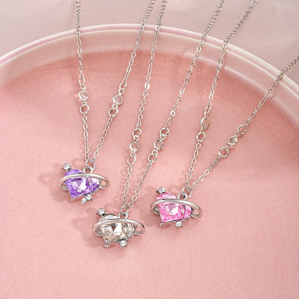 3 Pcs Crystal Heart Planet Pendant Necklace Set for Women Fashion Y2K Zircon Aesthetic Charm Clavicle Chain Party Girl Jewelry