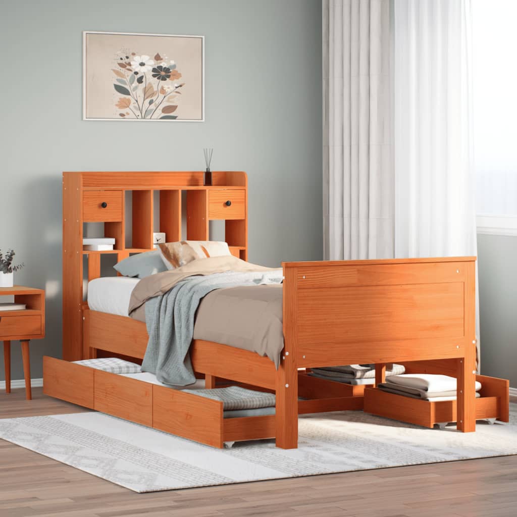 Solid Wood Bed with Shelf Without Mattress Wax Brown 75 x 190 cm