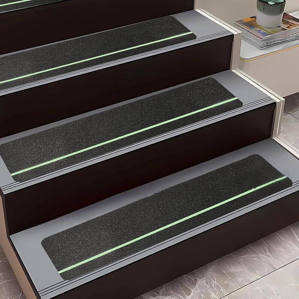 6” X 28” Anti-Slip Traction Treads with Glow-in-The-Dark Strip, Waterproof Outdoor Non-Skid Pre-Cut Stair Tape with Roller, High-Friction Abrasive