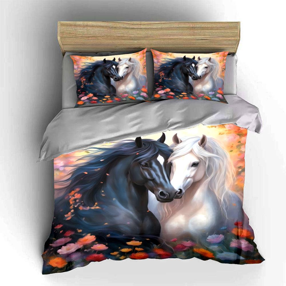 Black And White Horses With Floral Print Soft Comfortable Duvet Cover Bedding Set Included 1*Duvet Cover  2*Pillowcases