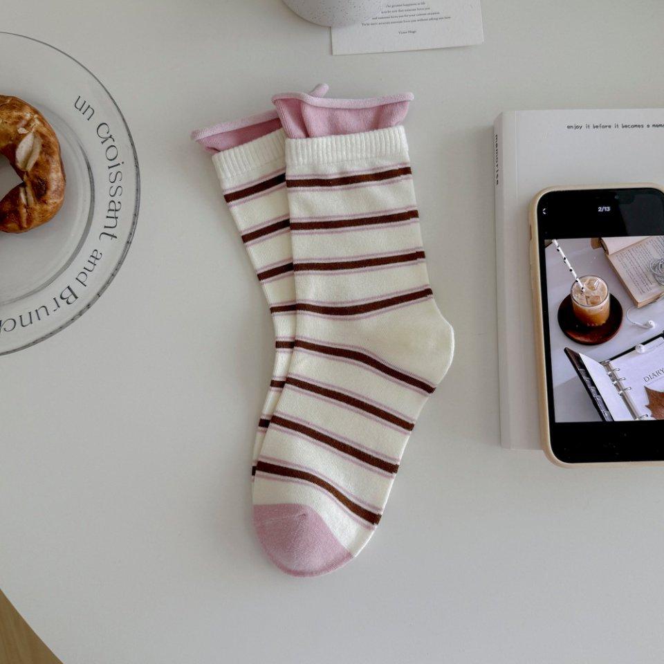 

Модные осенне-зимние полосатые гольфы до середины икры с отворотами и двойной винтовой резинкой для женщин, двухслойные свободные, не облегающие, носки махровые в школьном стиле 1 pair розовый