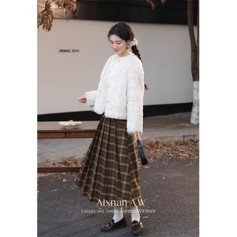 Luxiangnan Women's Elegant Plaid Midi Skirt