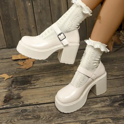 Fashion Size 43 Chunky Platform High Heels Pumps Women Autumn Pu Leather Ankle Buckle Mary Jane Shoes Woman Thick Heeled Lolita Shoes