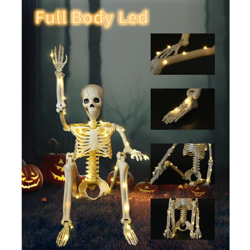 Poseable Full Body Human Skeleton Decors Haunting Halloween Party Skeleton with LED Green Lights for Scary Atmosphere