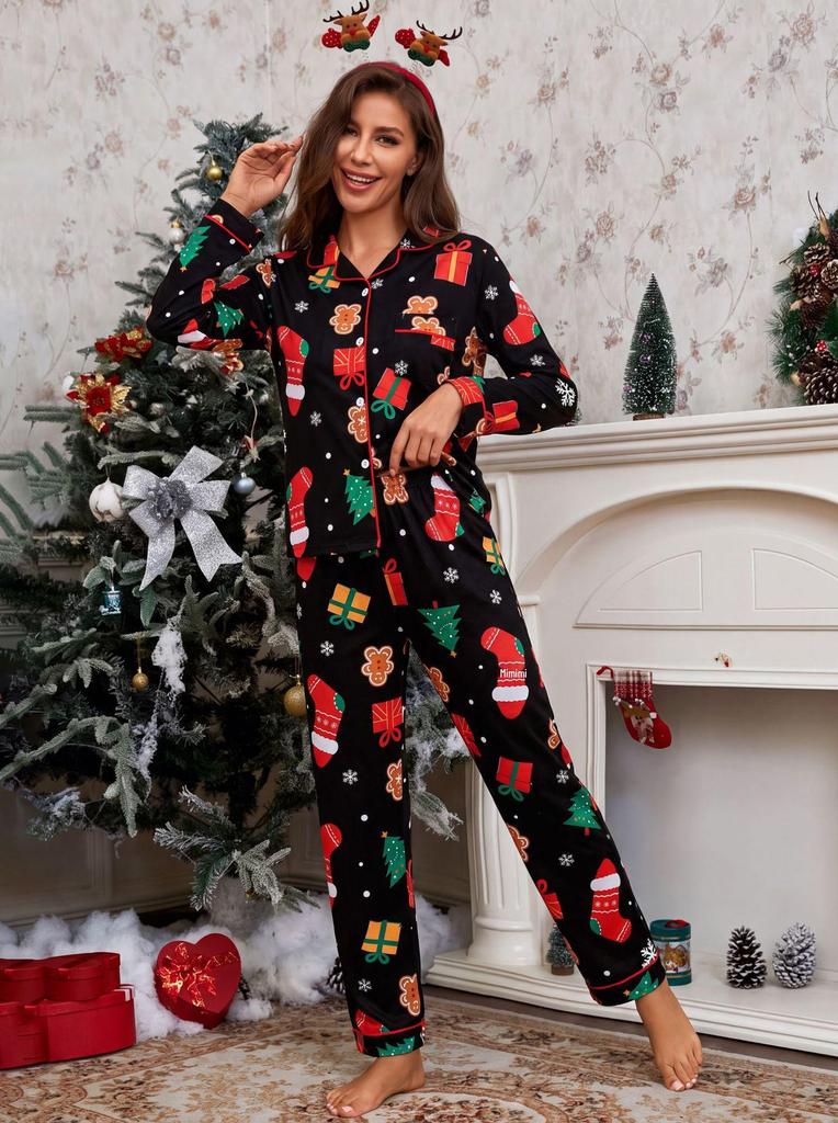 Stylish Women's Christmas Pajama Set with Lapel, Long Sleeves, and Pants