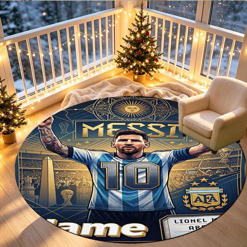 Custom Name Personalized Leo Messi Print Round Rug, Versatile Home Decor Carpet, for Playroom, Apartment, Balcony, Entryway, Hallway Gift