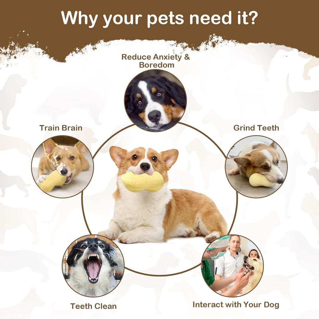 Squeaky Dog Toys Interactive, Peanut Shape Dog Toys Teeth-Cleaning Squeak Dog Chew Toy, Durable for Medium Dogs, Large & Small Breeds - Puppy Teething