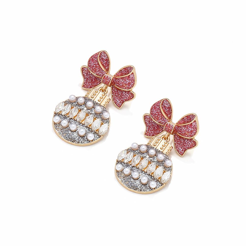 New Colorful Oil Drop Bow with Diamonds Colored Ball Pendant Earrings Christmas Cute Disco Ball Earrings