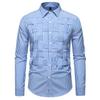 Men's Casual Solid-color Long-sleeved Shirt, Men's Button-style Striped Woven Stand-up Collar Shirt