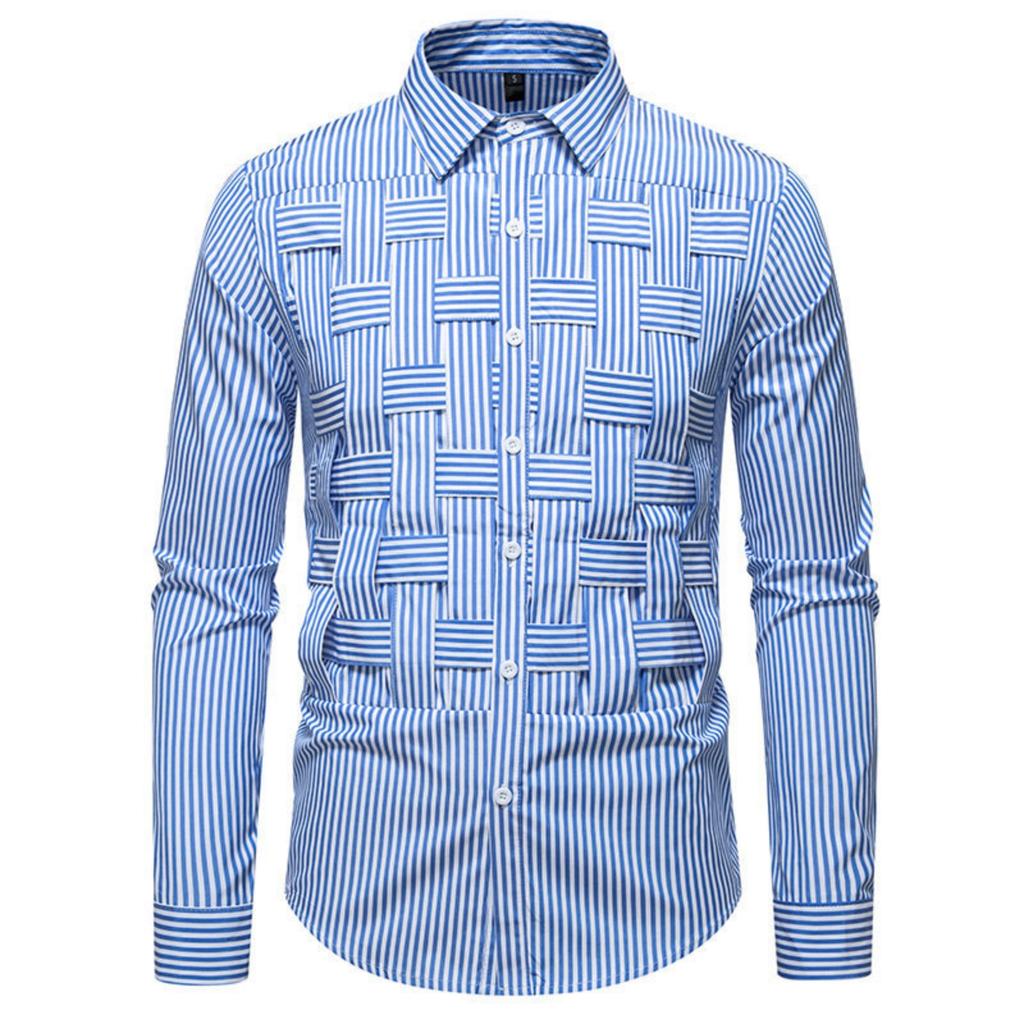 Men's Casual Solid-color Long-sleeved Shirt, Men's Button-style Striped Woven Stand-up Collar Shirt