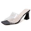 High-heeled fish-mouth cool slippers, new mesh rhinestone slippers, fashionable outer wear, thick-heeled fashion flip-flops