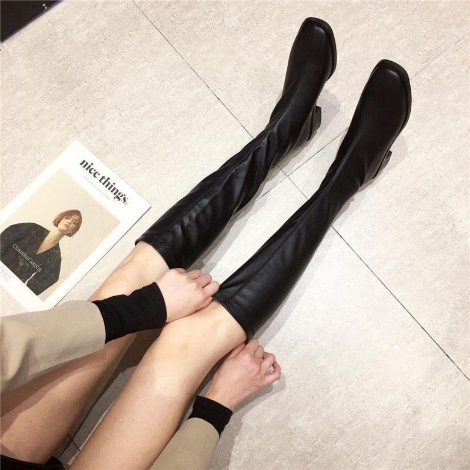 High boots black but knee knight boots Korean version thick heel boots women's 2025 autumn and winter new square head rear zipper