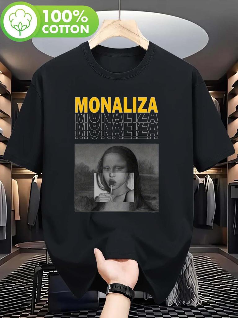 Mens Mona Lisa Anime Pattern Tshirt Black with Yellow Print Lightweight and Breathable Round Neck Short Sleeve Casual Shirt