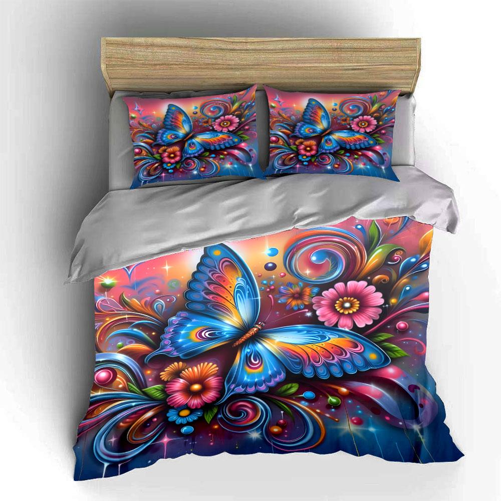 Colorful Butterfly Floral Design Bedding Duvet Cover Set (1*Duvet Cover 2*Pillowcases, Without Duvet Insert)
