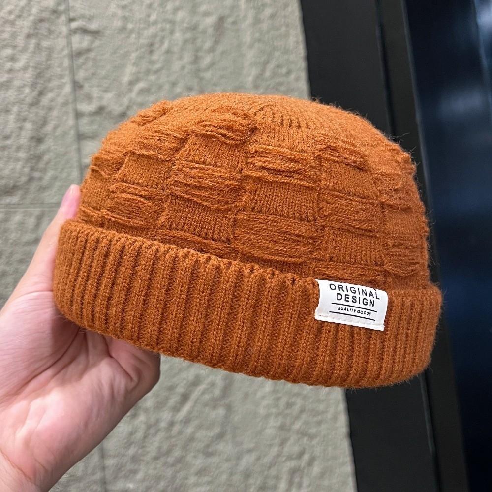 Thick Knitted Beanie Cap Solid Color Cuff Trawler Hat Retro Docker Cap