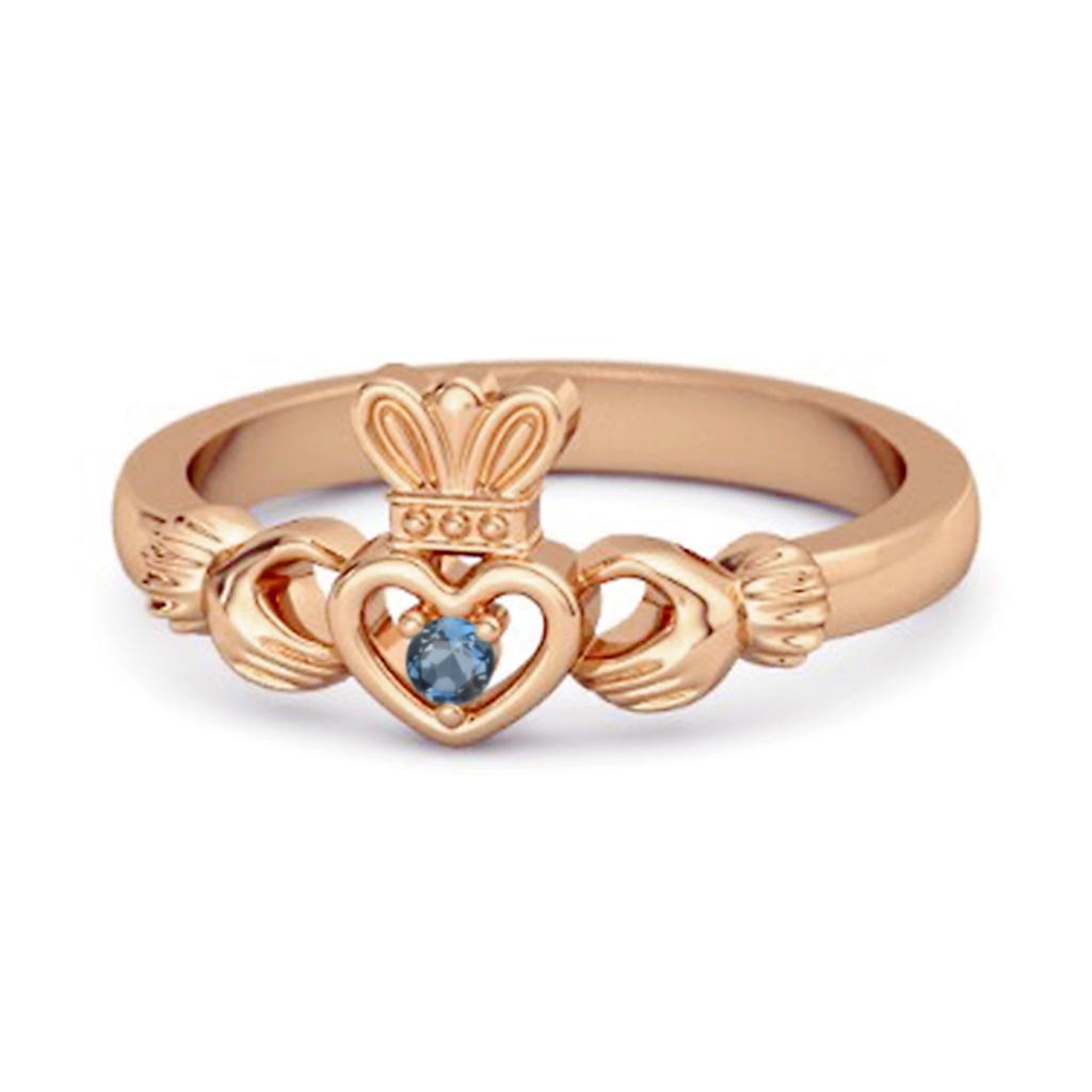 London Blue Topaz Claddagh Irish Heritage Symbol Ring - 925 Sterling Silver Rose Gold Vermeil