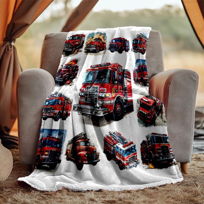 Fire Truck Flannel Blanket Soft Warm All-Season Throw, Design for Camping, Car Travel, Hiking Sofa, Bed, Office Perfect Gift for Parties