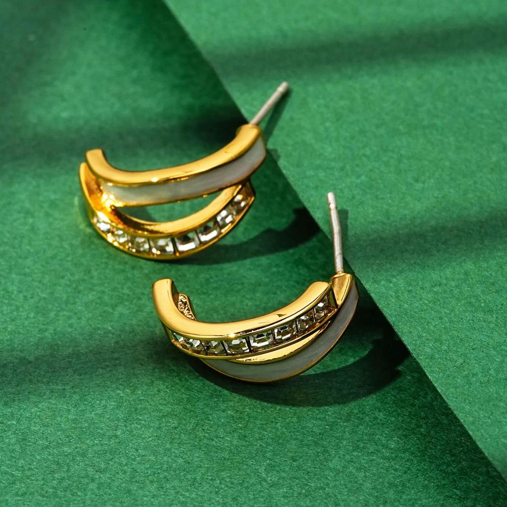 Exquisite White Enamel Rhinestone C-Shape Double-Layer Stud Earrings In 925 Silver for Women