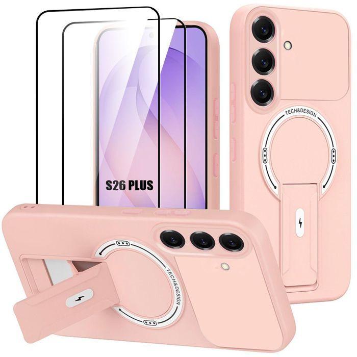 Coque pour Samsung Galaxy S26 Plus, avec Cercle Magnétique et Support - Rose - 2 Verres Trempés