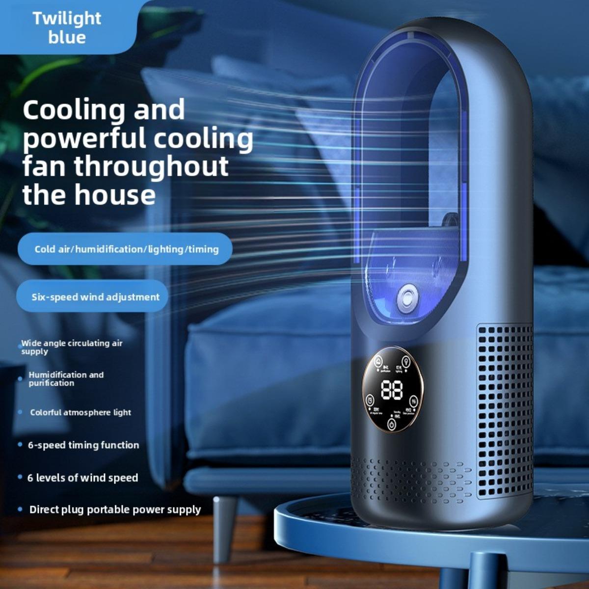 

Портативный вентилятор-кондиционер USB Башенный вентилятор Настольный безлопастной вентилятор - Охлаждение водяным туманом, Семицветная светодиодная подсветка, Таймер и Интеллектуальное выключение 1pcs синий