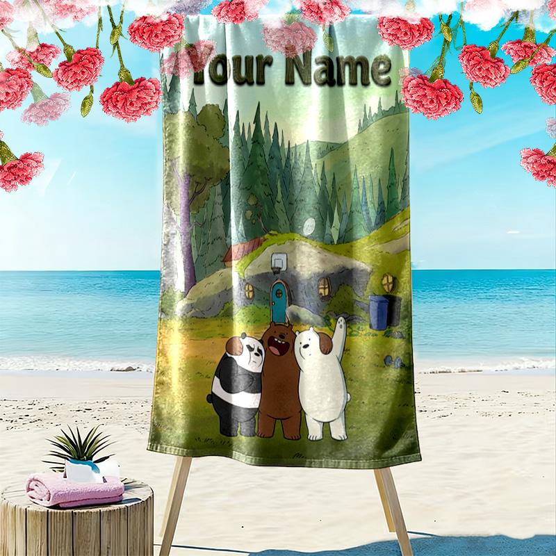Name Custom We Bare Bears Print Beach Towel, Large Soft Quick Dry Towel for Beach Camping Swimming