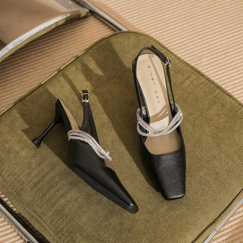 

79916 [sheepskin] high heels women s thin heels 2025 new square head rear empty sandals rhinestone one-word strap shoes 34