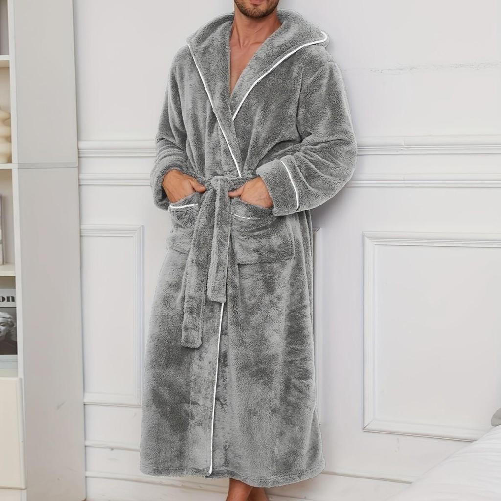 Herre Hætteklædte Badekåber Fuld Længde Spa Badekåber Blød Hjemme Nattøj Frakke med Lommer Vinter Varm Plys Fleece Kåbe Hætteklædt Fluffy Kåber til Mænd