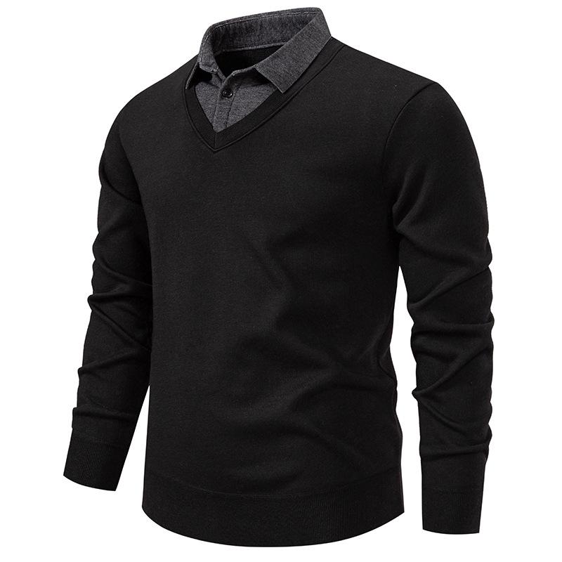 Men's Fashion Plus Velvet Knit Pullover: Thickened Fake Two-Piece Sweater with Shirt Collar for Autumn & Winter