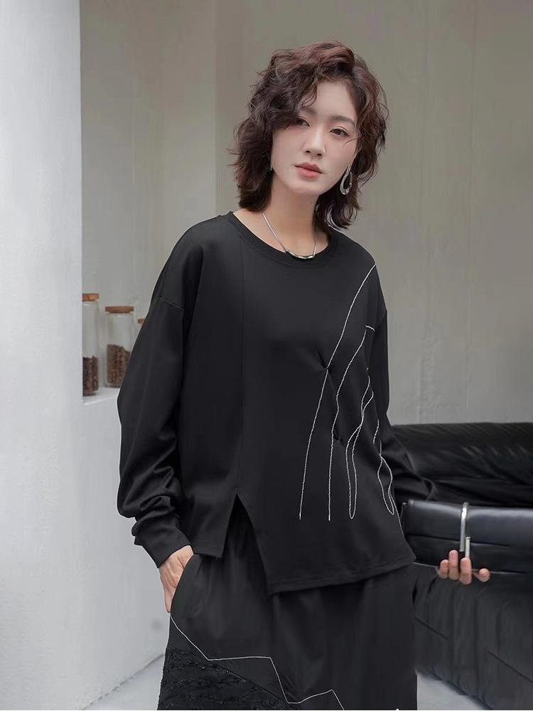 Xitao Line Pleated Slit Irregular Loose Long Sleeved T-shirt  GJ1243