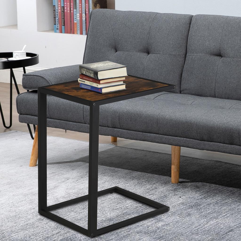 Mesa Lateral em Forma de C, Mesa de Cabeceira com Estrutura de Metal, Mesa de Apoio Decorativa para Sofá na Sala de Estar, Quarto, Marrom e Preto