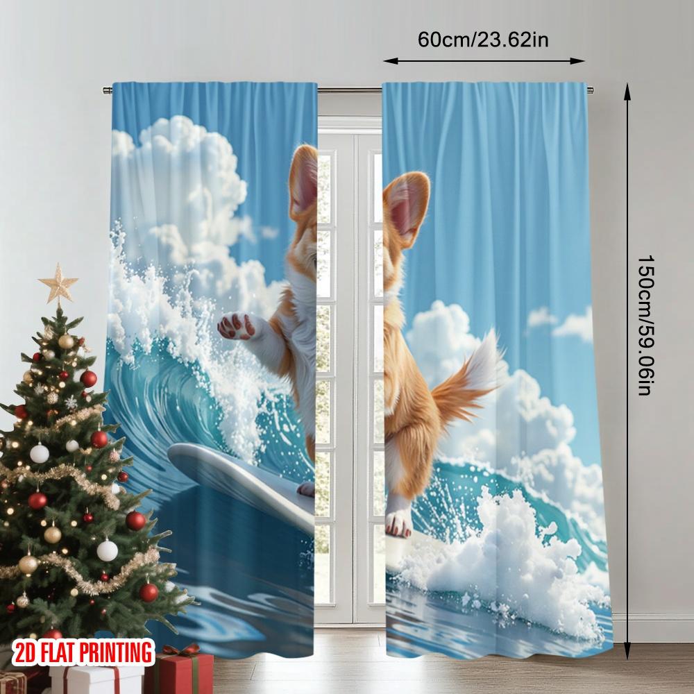 Flachdruck Vorhänge Niedlicher Hund Surfen Welle Digital Bedruckt Polyester Party Dekorationen Verwendung Feiertagspartys Vorhang Set von 2 Stück Hergestellt Waschbar