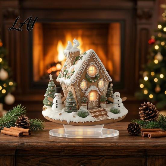 Small Christmas Ornaments for Shelves Acrylic Table Decor Gingerbread House Tree Ornaments Waterproof Holiday Desktop Decorations Living Room