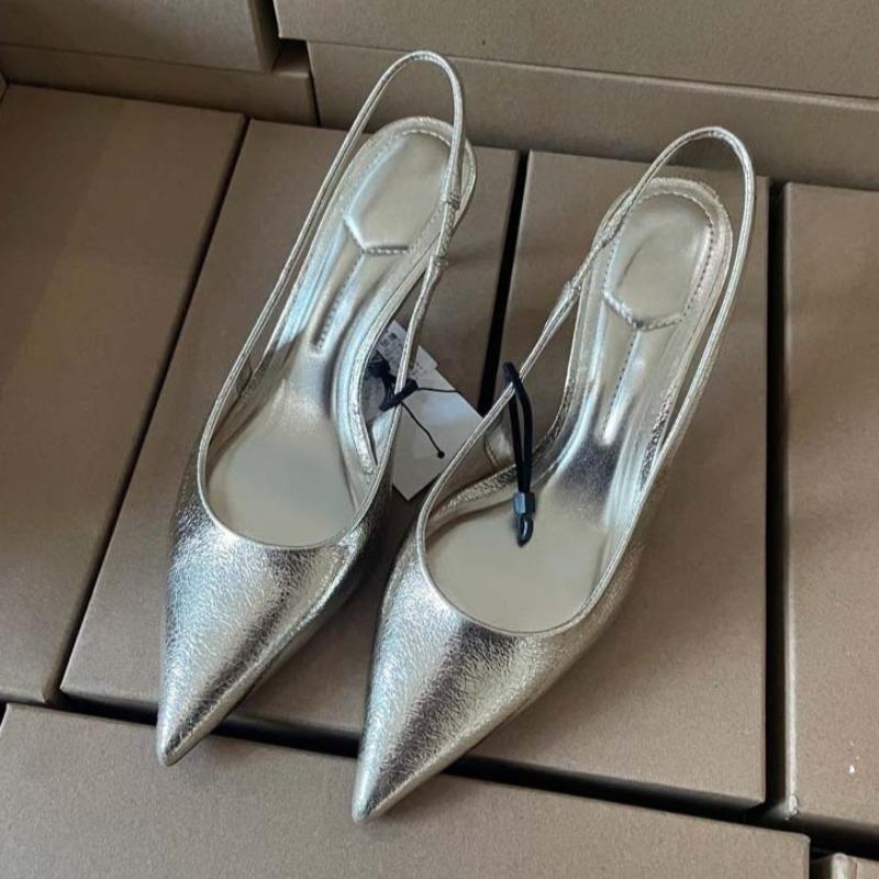 Soleist Slip on Women High Heels Office and Career Shoes Sexy Pointed Toe Concise Design Shiny Gold Evening Party Dress Slingback Pumps