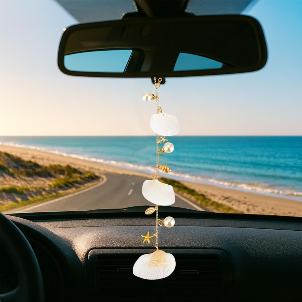 PH PandaHall 2pcs Seashell Car Coastal Beach Car Decor Pearl Shell Starfish Concha Pendant Ocean Style Keychain Hanging Ornament Home Decor Charms,
