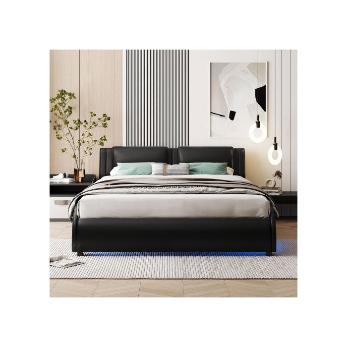 Lit - MUVOE - 140x200cm - Simili cuir noir - Éclairage LED - 2 places