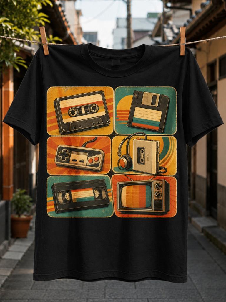 Retro Gadget Icon Grid Tee cassette floppy disk controller VHS tape and old TV in rounded panels Unisex All T-Shirt