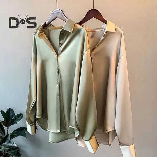 Damen-Hemd mit Revers, langärmelig, Pendler-Freizeithemd, einfarbig, lockere Passform, glattes Satin, Bürohemd für den Alltag