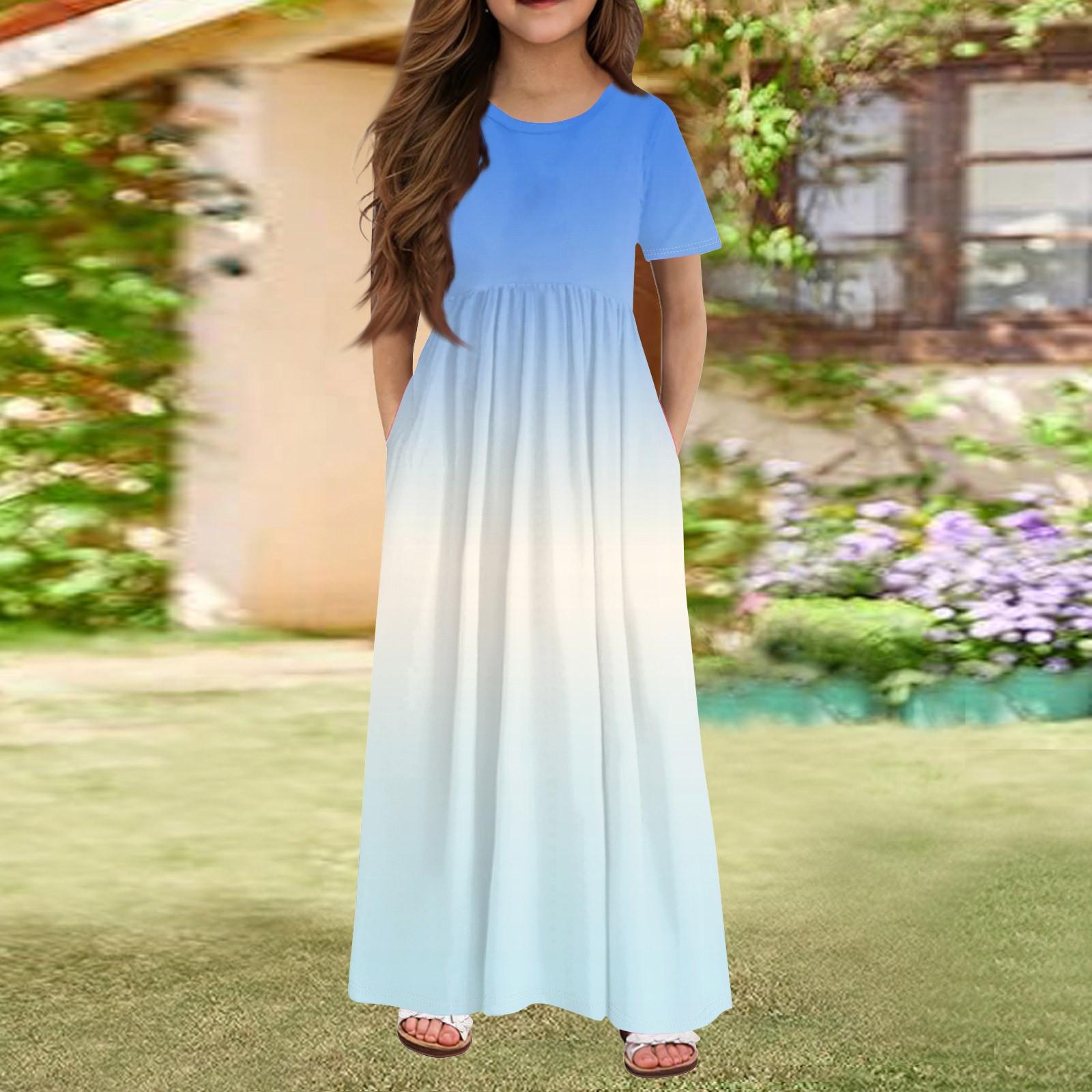 

Длинное летнее платье для девочек - платье макси с короткими рукавами и карманами для детей 4-14 лет 140