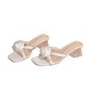 Square head sandals actress crystal heel summer new open-toed one-word drag flower cross with cool slippers woman