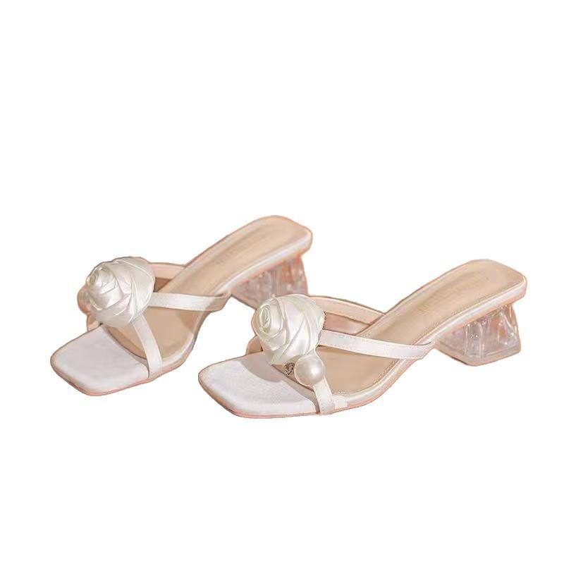 Square head sandals actress crystal heel summer new open-toed one-word drag flower cross with cool slippers woman