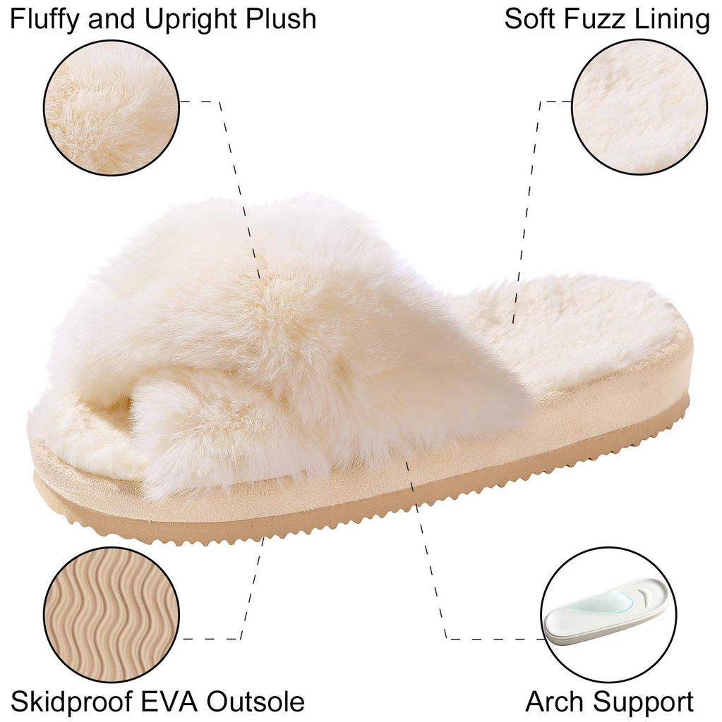 Fashion Litfun Fuzzy House Slippers For Women Fluffy Fur Slippers Warm Fur Slides Thick Bottom Cross Band Plush Lining Women's Slippers